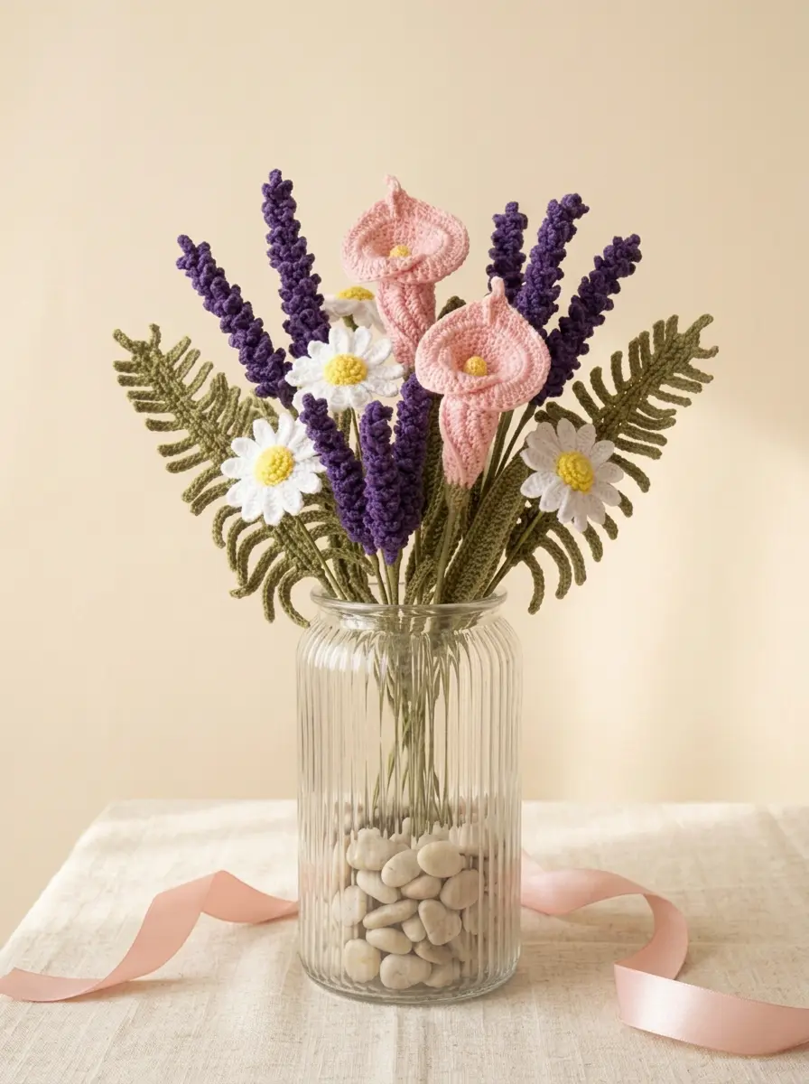 Pastel crochet flower garden arranged in a glass vase