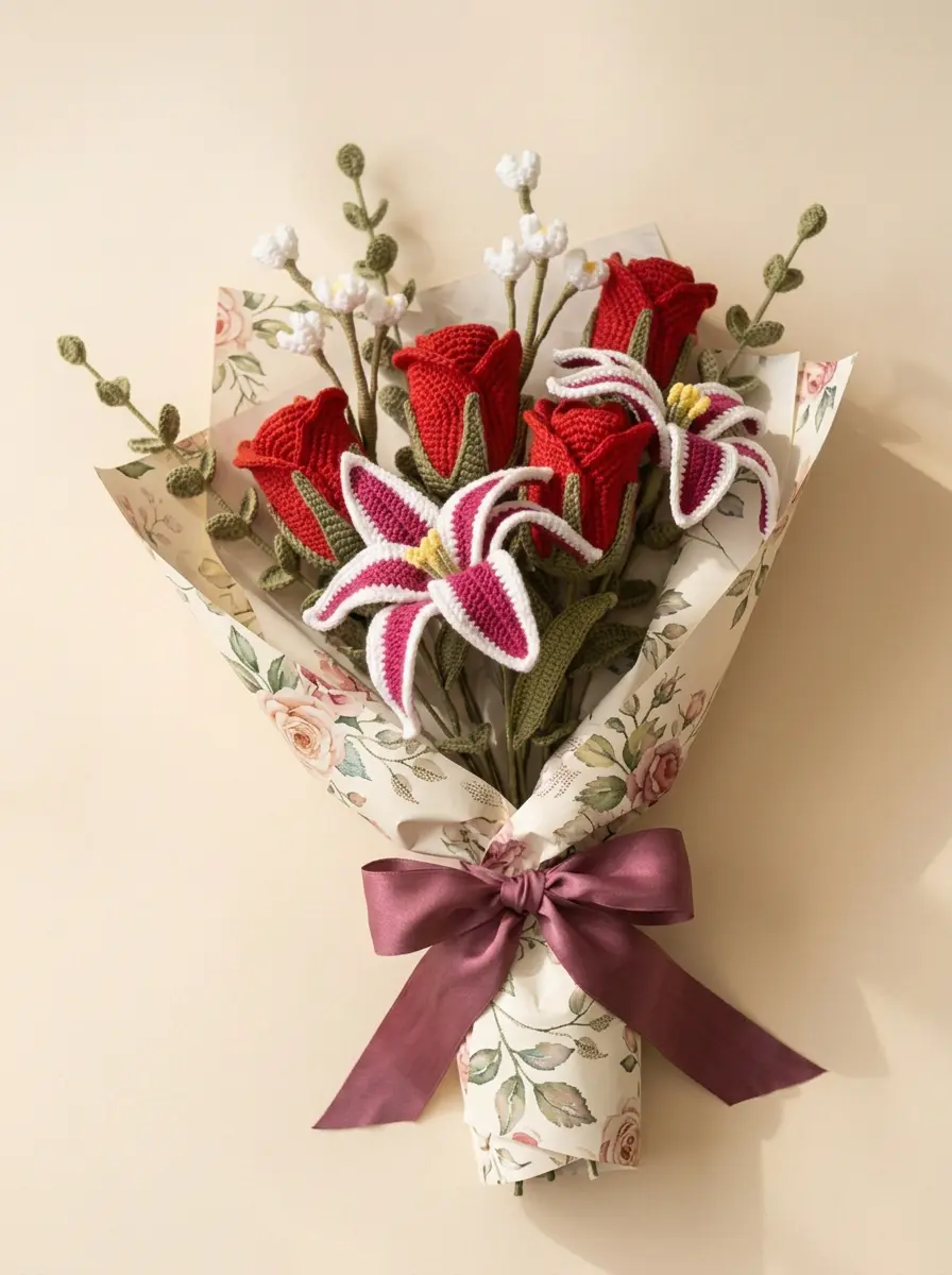 Crochet rose and lily bouquet in floral wrapping