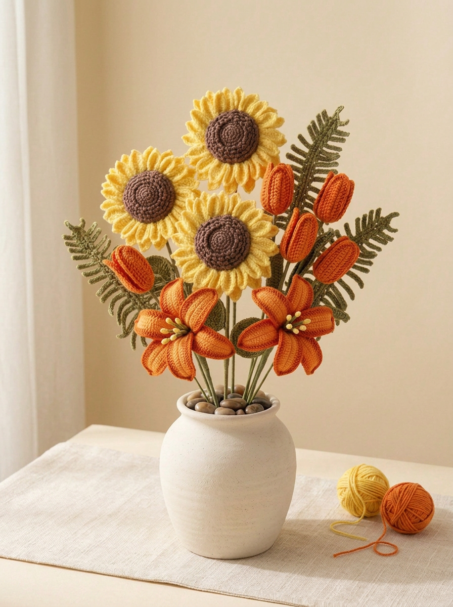 Sunny citrus crochet arrangement of sunflowers, tulips and lilies in a stone vase