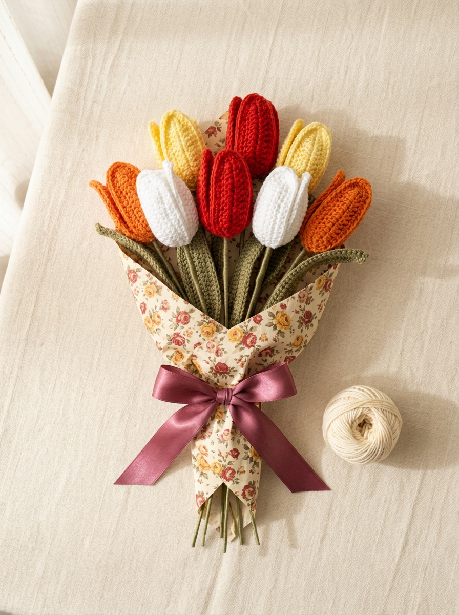 Spring crochet tulip bouquet in floral paper with a mulberry ribbon